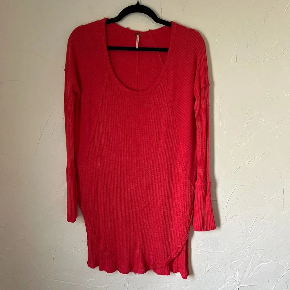 Free People Coral Ribbed Thermal Top‎ Cozy Boho Waffle Knit Oversized Size L